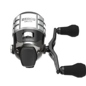 A sleek silver fishing reel with black handles.
