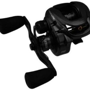 Black baitcasting fishing reel with ergonomic handles.