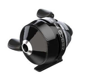Sleek black fishing reel with ergonomic handles.