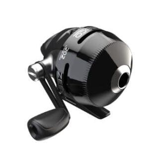 Black fishing reel with ergonomic handle and sleek design.