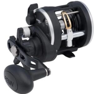 A black fishing reel with a sturdy handle and spool.