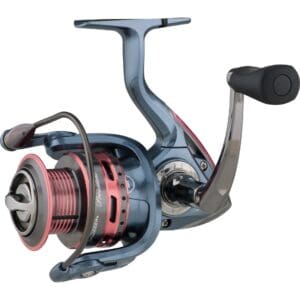 A modern fishing reel with a metallic finish and ergonomic handle.