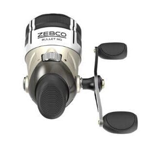 A Zebco spinning fishing reel with dual handles and a metallic finish.