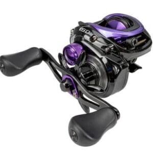 Sleek black and purple fishing reel with ergonomic handles.