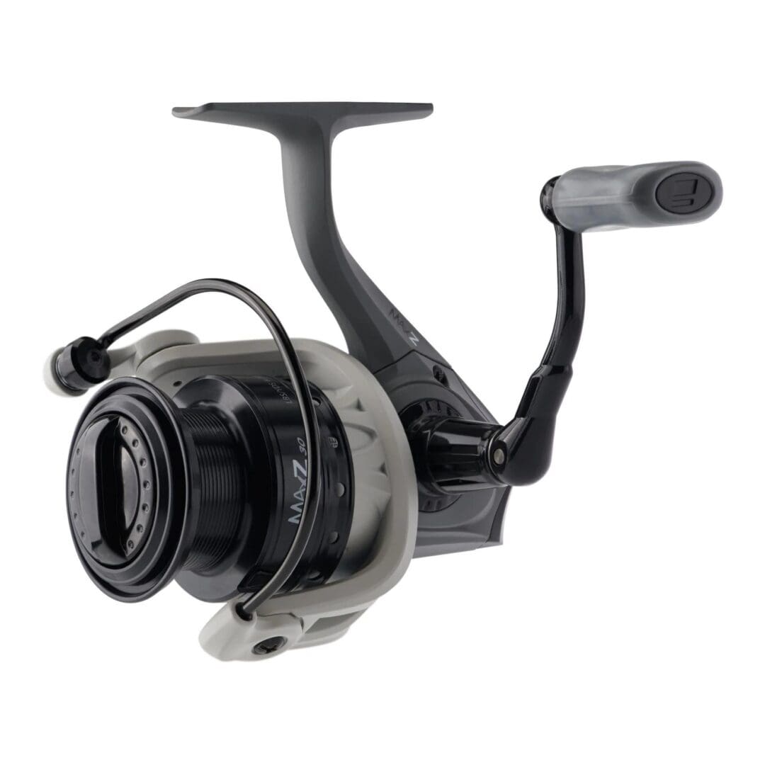 Black fishing reel with ergonomic handle and spool.