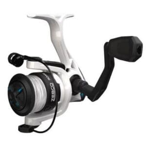 Black and white fishing reel with a sturdy handle.