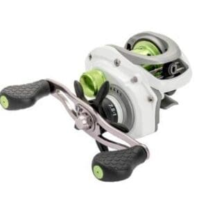 A modern baitcasting fishing reel with ergonomic handles.