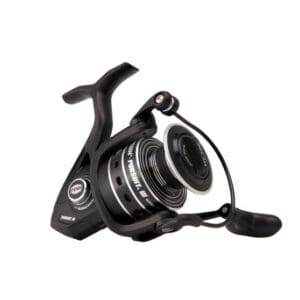 Black fishing reel with ergonomic handle and spool.