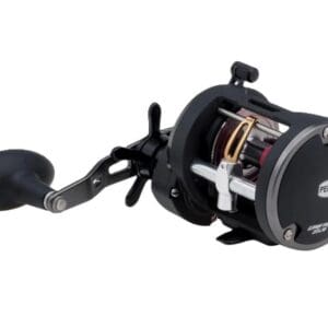 Close-up of a black fishing reel with a crank handle.
