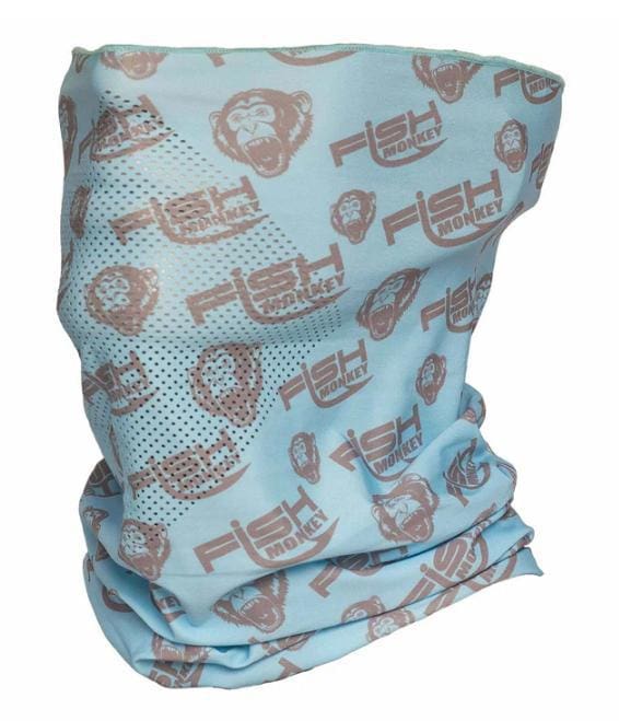 Light blue neck gaiter with brown repeating patterns.