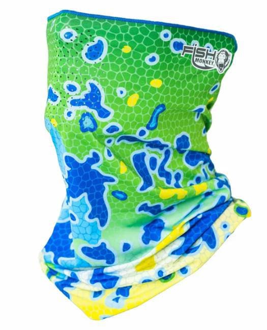Colorful green and blue camouflage neck gaiter.