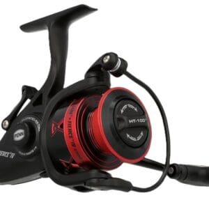 Black and red spinning fishing reel with ergonomic handle.