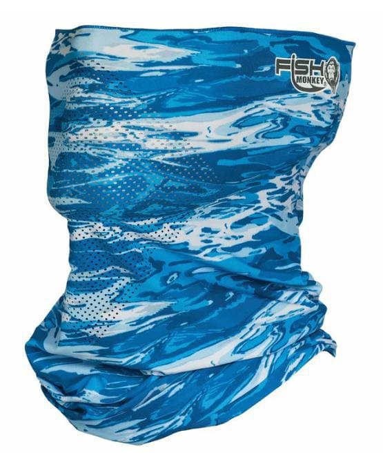 Blue and white patterned neck gaiter with wave design.
