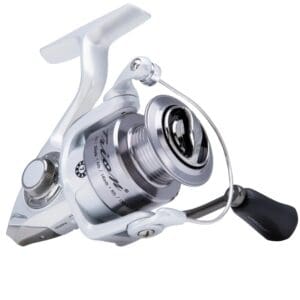 Silver spinning fishing reel with black handle.
