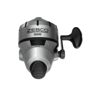 Silver Zebco 888 fishing reel with black handle.