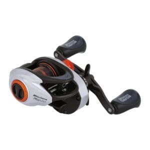 A modern baitcasting fishing reel with ergonomic handles.