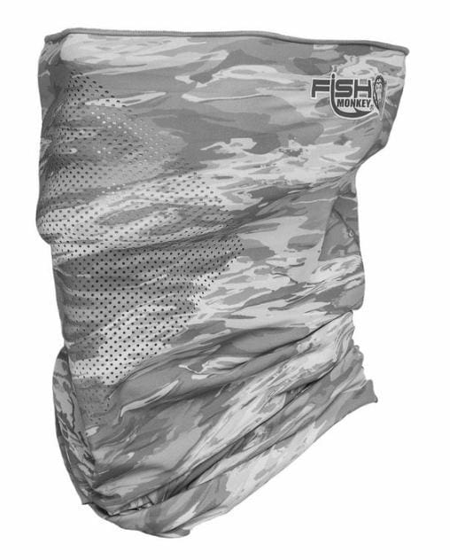 Gray camouflage neck gaiter with a mesh ventilation panel.