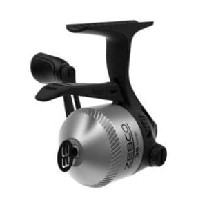 Black and silver fishing reel with ergonomic handle.