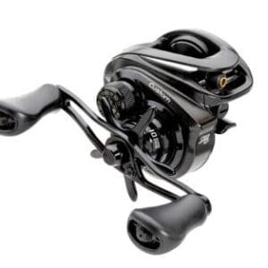 Close-up of a modern black fishing reel with dual handles.