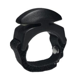 Black adjustable strap with a curved plastic clip accessory.