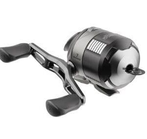 A sleek black fishing reel with ergonomic handles.