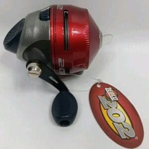 Red and black fishing reel with Zok branding.