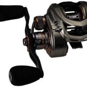 Close-up of a black fishing reel handle and spool.