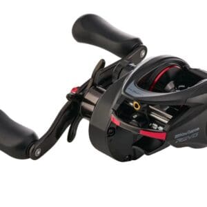 A sleek black baitcasting fishing reel with ergonomic handles.