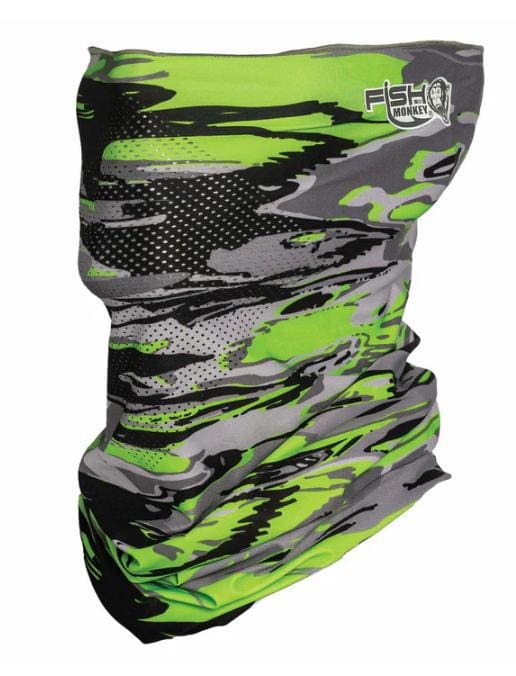 A green and black camouflage neck gaiter with abstract patterns.