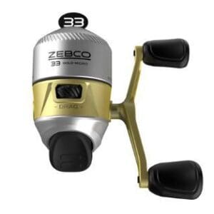 Compact silver and gold fishing reel with dual black handles.