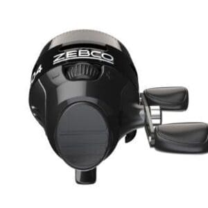 Black fishing reel with ergonomic handle and silver accents.
