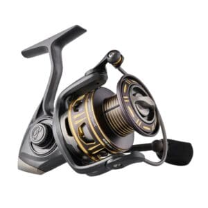 A modern spinning fishing reel with a sleek metallic design.