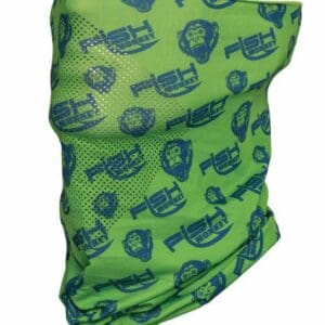 Green neck gaiter with musical instrument patterns.