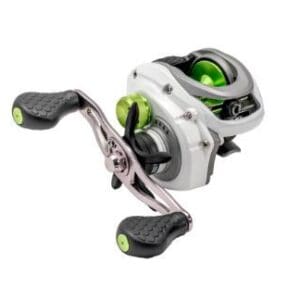 A modern, sleek fishing reel with ergonomic handles.