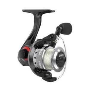 Black and silver fishing reel with ergonomic handle.