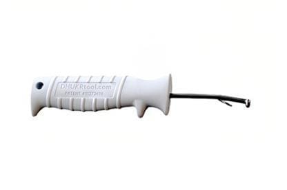 White plastic handle with attached black wire.