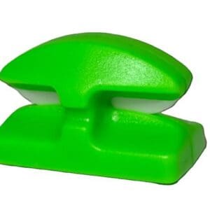 A bright green plastic clip with a spring hinge.