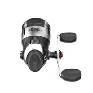 A black and white fishing reel with dual handles.