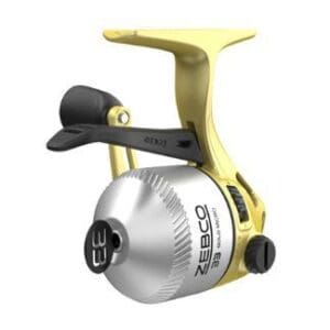 Close-up of a gold and silver fishing reel.
