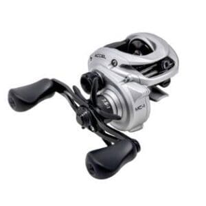 A modern baitcasting fishing reel with ergonomic handles.