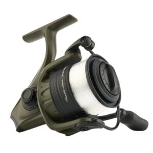 A green and black fishing reel with a handle and spool.