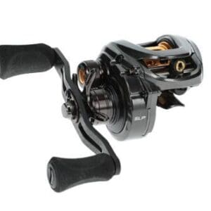 Compact black baitcasting fishing reel with ergonomic handle.