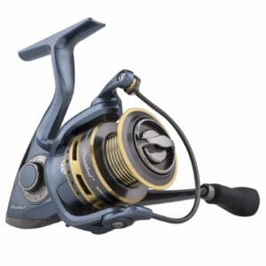 A sleek, modern fishing reel with metallic and black details.