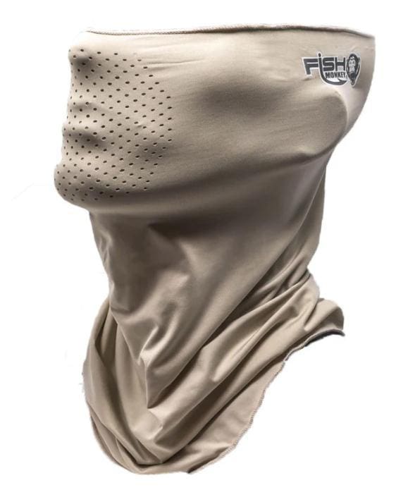 Beige tactical neck gaiter with ventilation holes and logo.