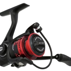 Close-up of a modern fishing reel with red and black accents.