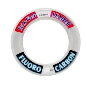 Circular fishing line label with 'Fluoro Carbon' text.