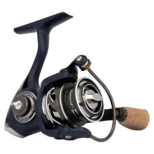 Close-up of a black fishing reel with wooden handle.