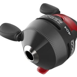 Close-up of a black and red fishing reel with ergonomic handles.