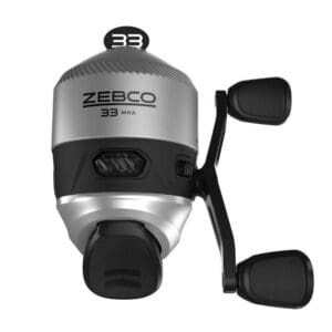 A compact Zebco spinning fishing reel with dual handles.