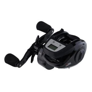 Black baitcasting fishing reel with ergonomic handles and digital display.